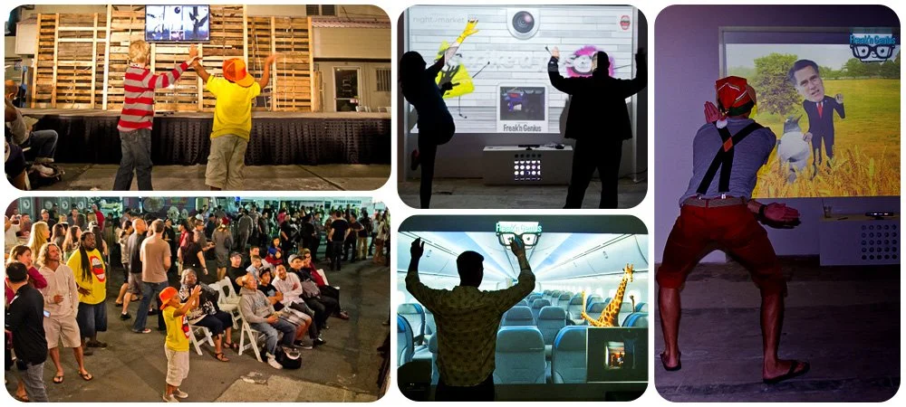 Six scenes of body-driven animation in use: kids on a stage, performers in front of projected characters, a demo in an aircraft cabin, a crowd watching