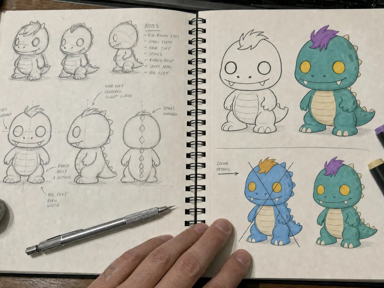 Sketchbook page: thumbnails, a three-view turnaround, an ink pass and two colourways with one crossed out