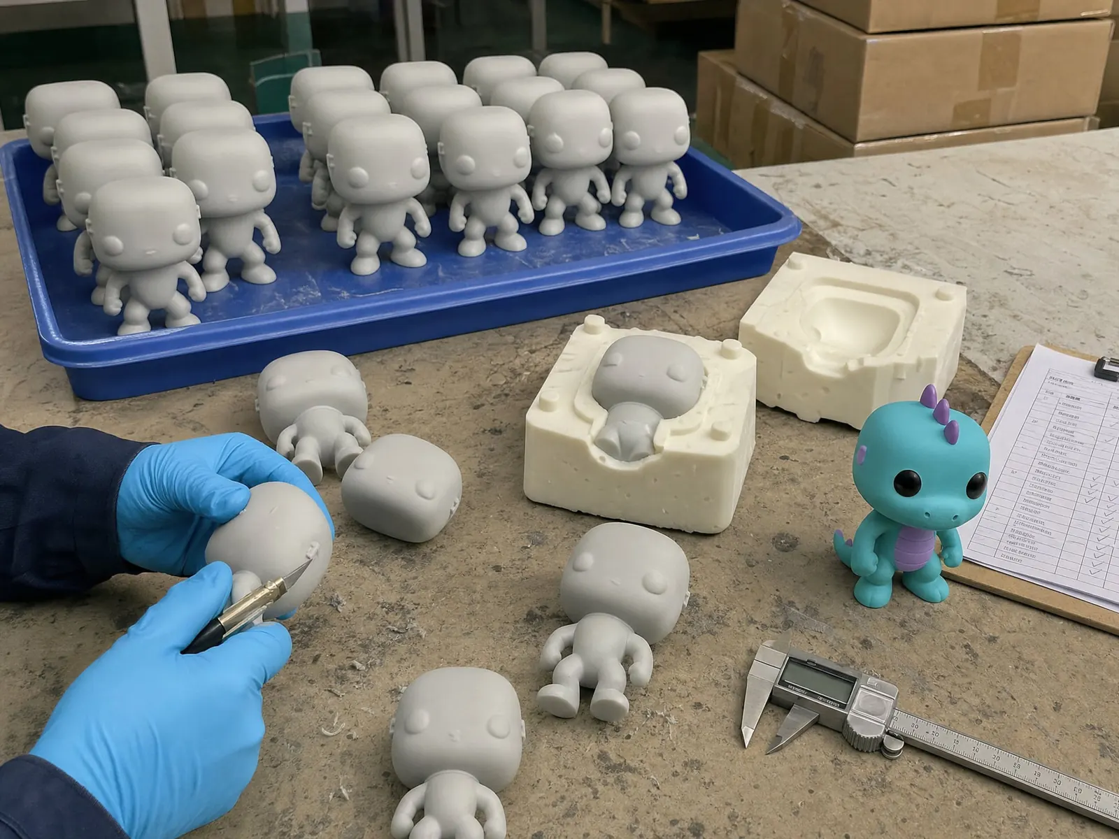 Sample-room tray of unpainted parts, an open two-part mould, gloved hands trimming flash