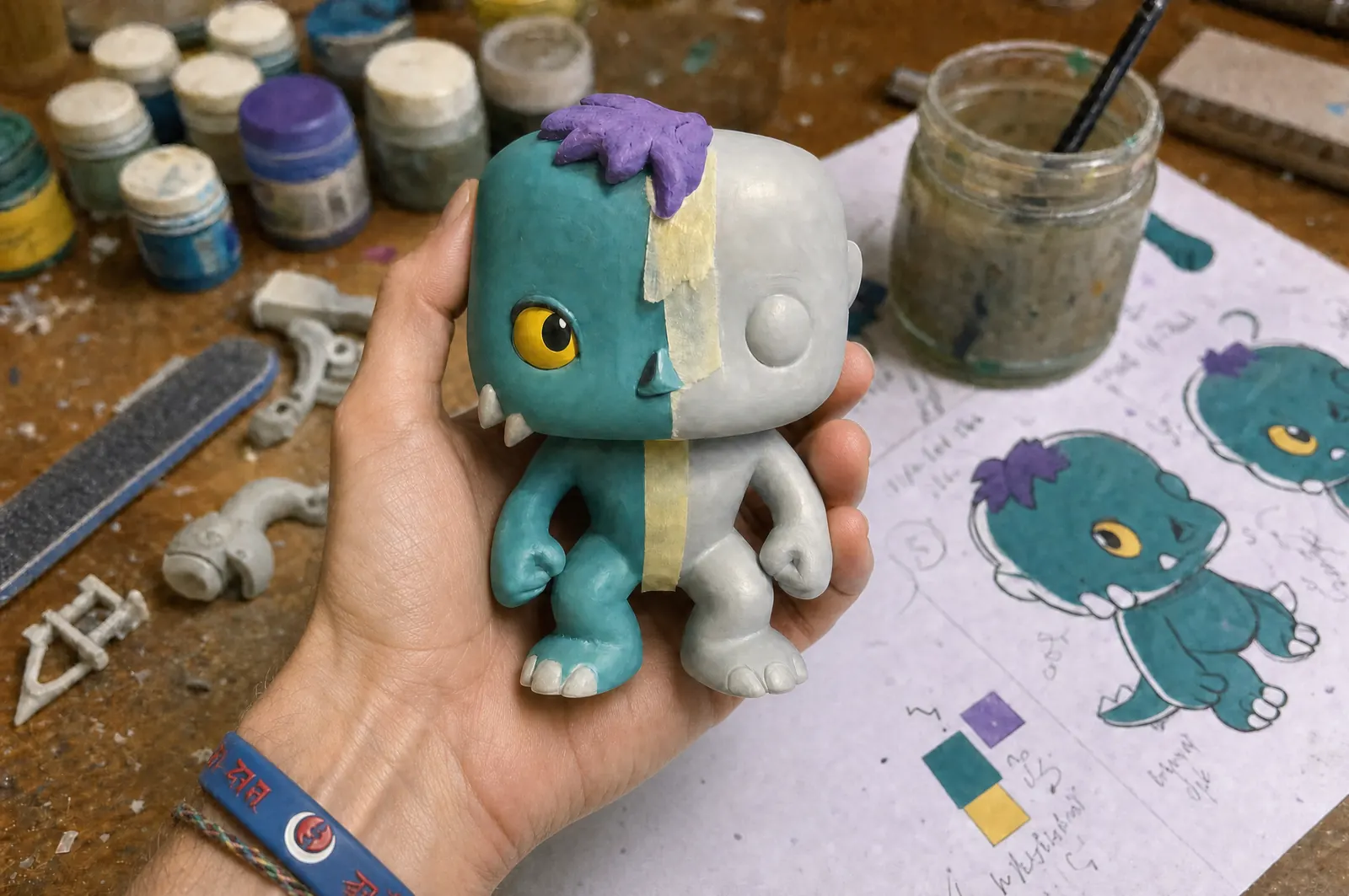 A half-painted resin master in hand beside its colour callout sheet