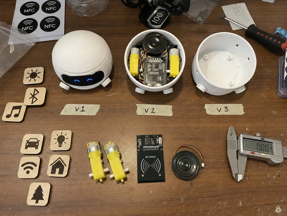 Bench with three bots open and closed, tiles, NFC stickers, calipers