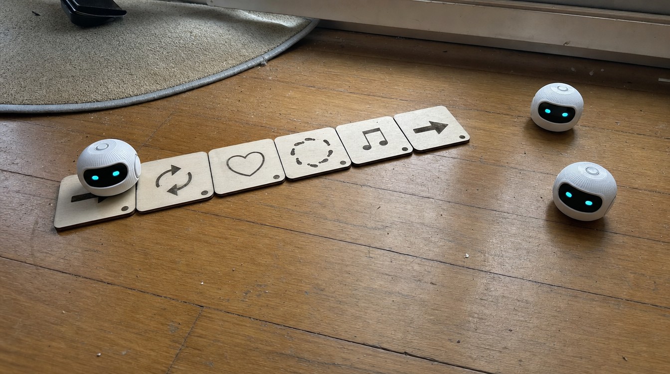 Row of wooden icon tiles on a floor with three dome robots