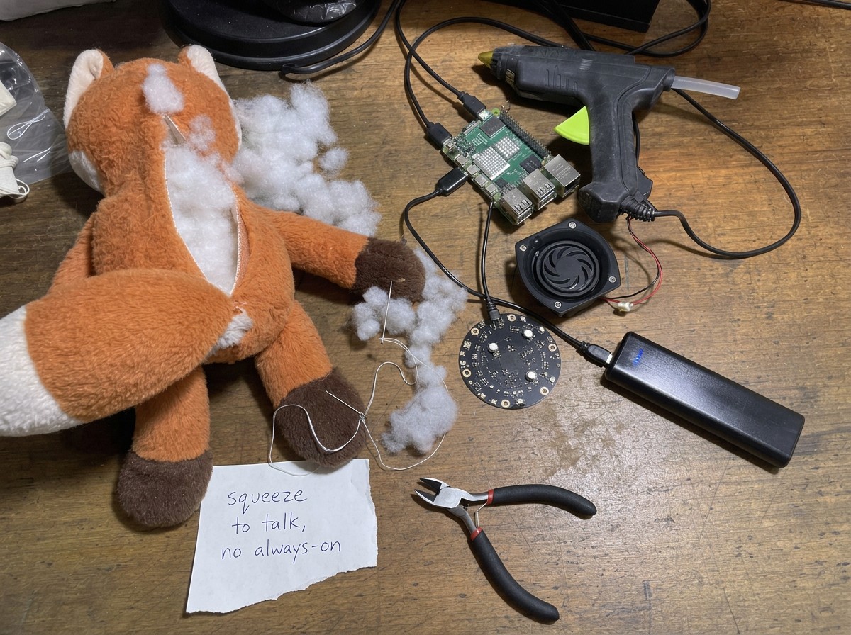 Opened plush fox with Pi, mic array, speaker, battery