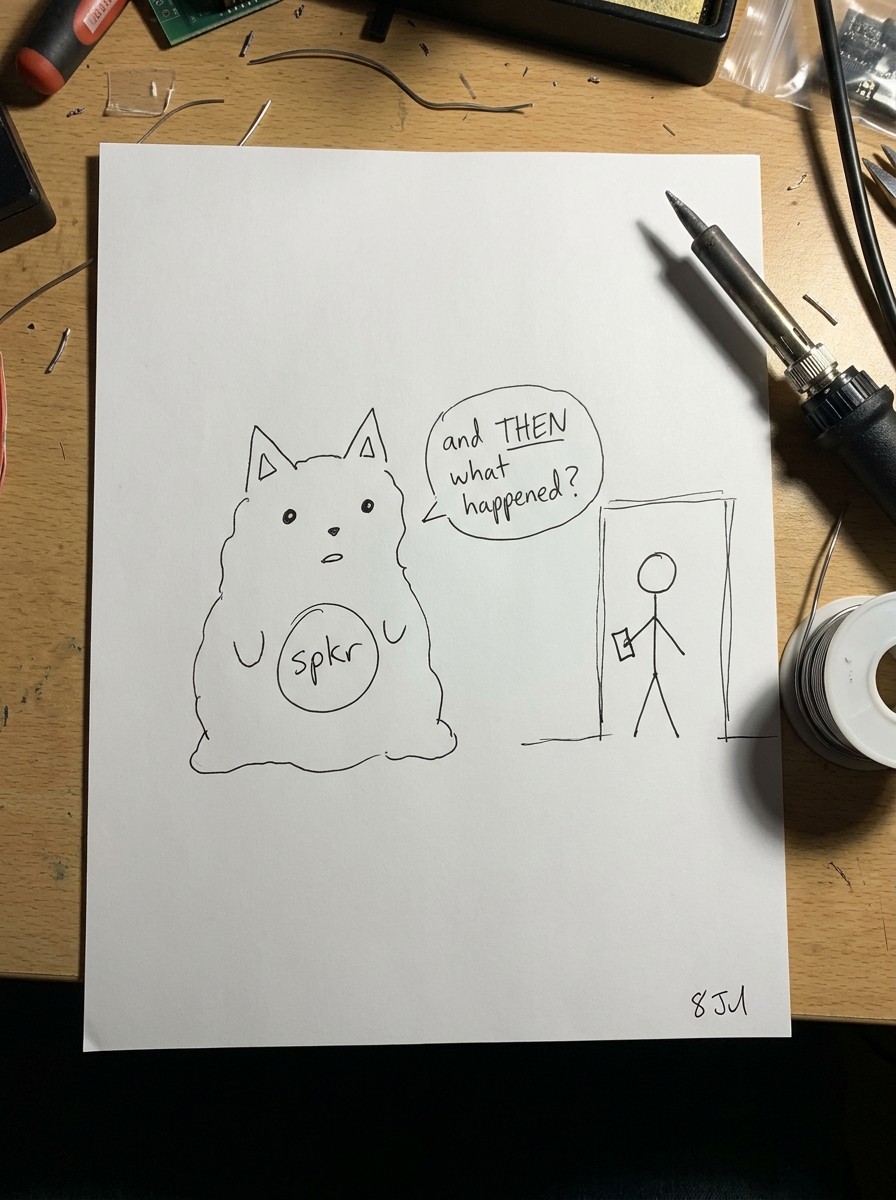 Ballpoint sketch: fox with spkr, speech bubble, parent in doorway